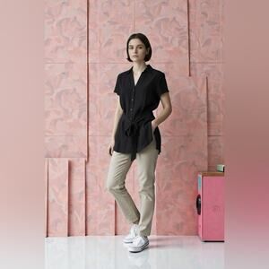 Active USA - Short Sleeve Button-Up Placket with Tie Waist